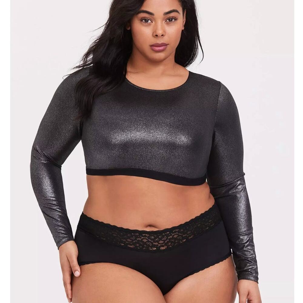 Torrid Size 3 Shimmer Mesh Long Sleeve Under-It-All Crop Top Black Silver 3X